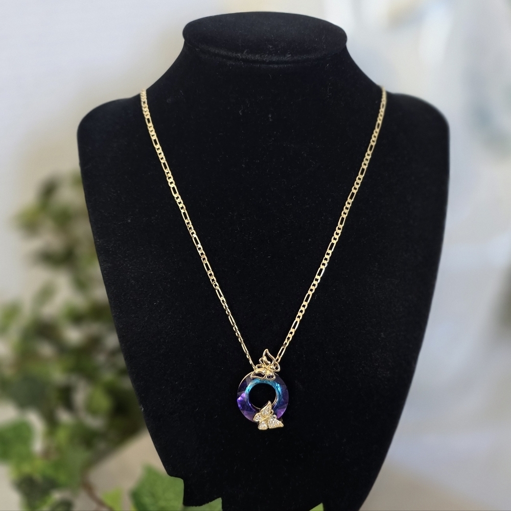 Gold Filled Figaro Chain Necklace with Iridescent Circle Glass Pendant Butterfly